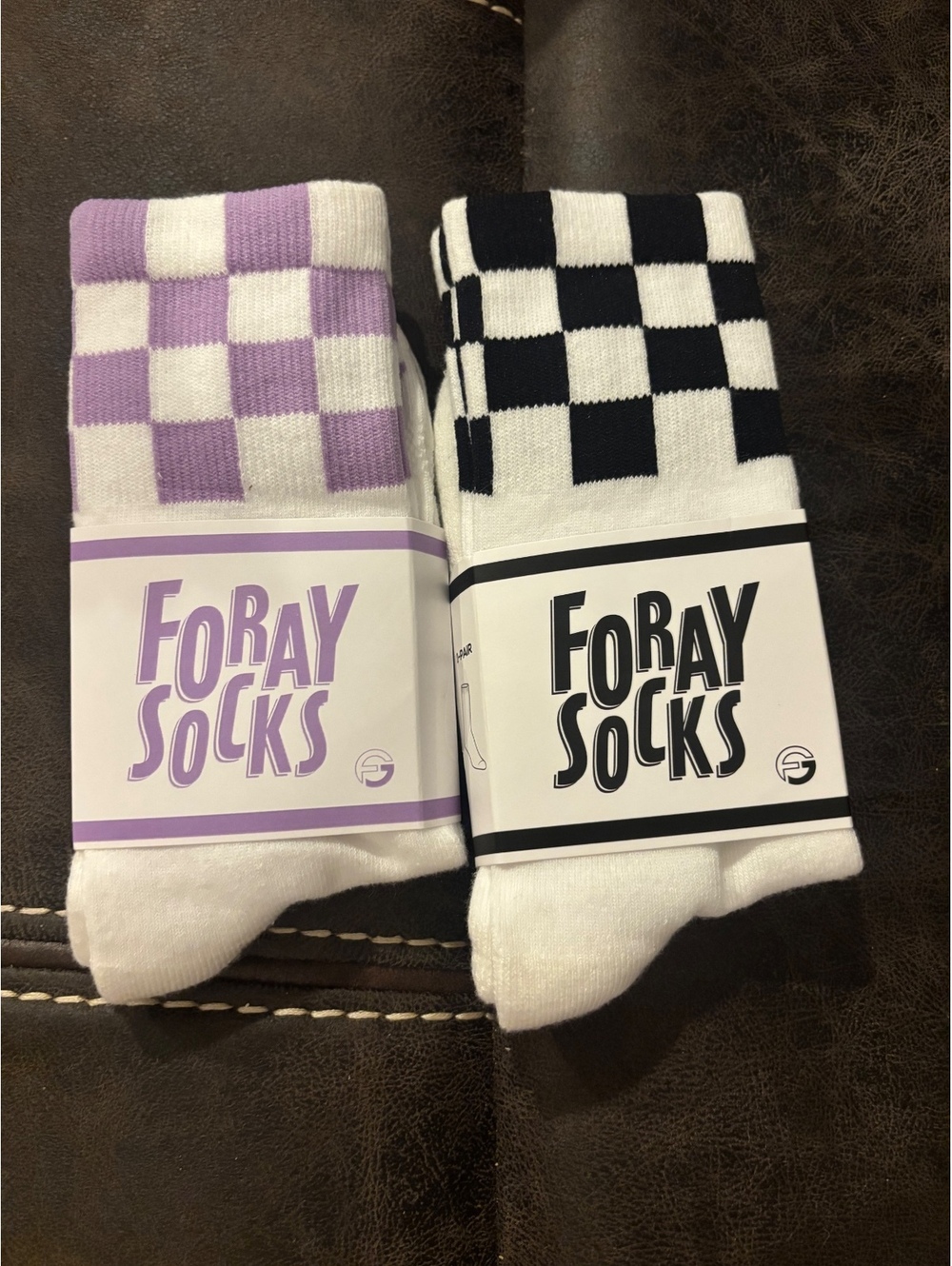 FoRay Checkered Crew Tube Socks 2 Pair Bundle White Purple Black NWT